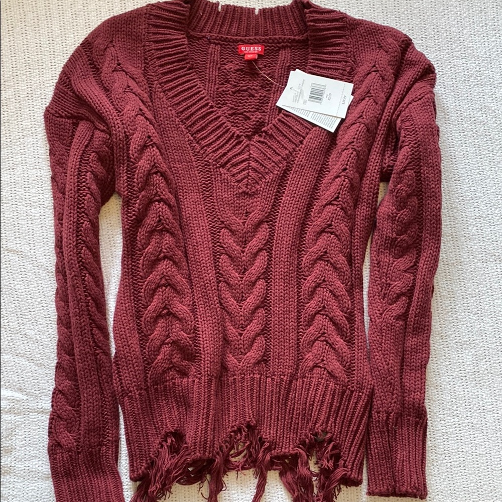 Guess Red V-Neck Cable Knit Sweater